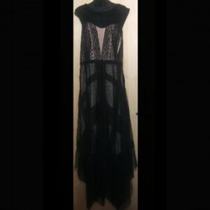 Nude Lined Black Lace Asymmetrical Hem Maxi Dress